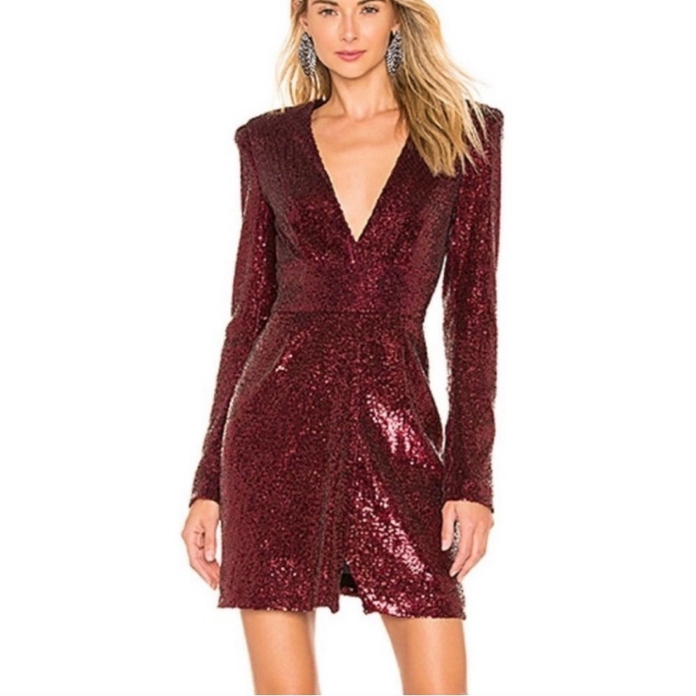 A.L.C. Mara Dress Red Sequin Long Sleeve Mini V Neck ALC Wrap Style Slit Size 4